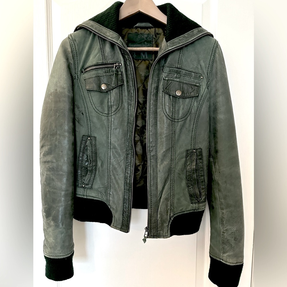 Leather Jacket with knit collar